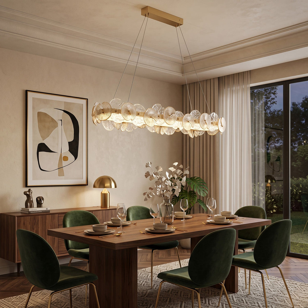 Sorelis Water Lily Linear Chandelier, scale against a ceiling