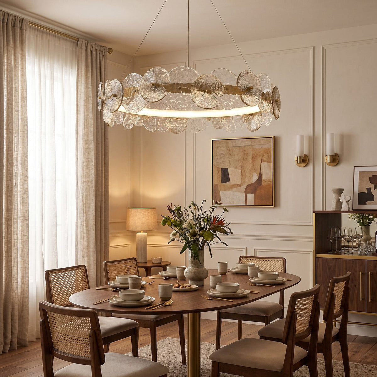 Sorelis Water Lily Ring Chandelier, second lit in a styled room