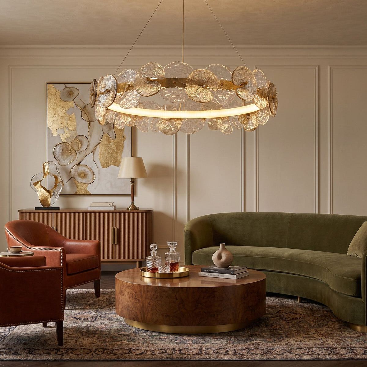 Sorelis Water Lily Ring Chandelier, hung above a dining table