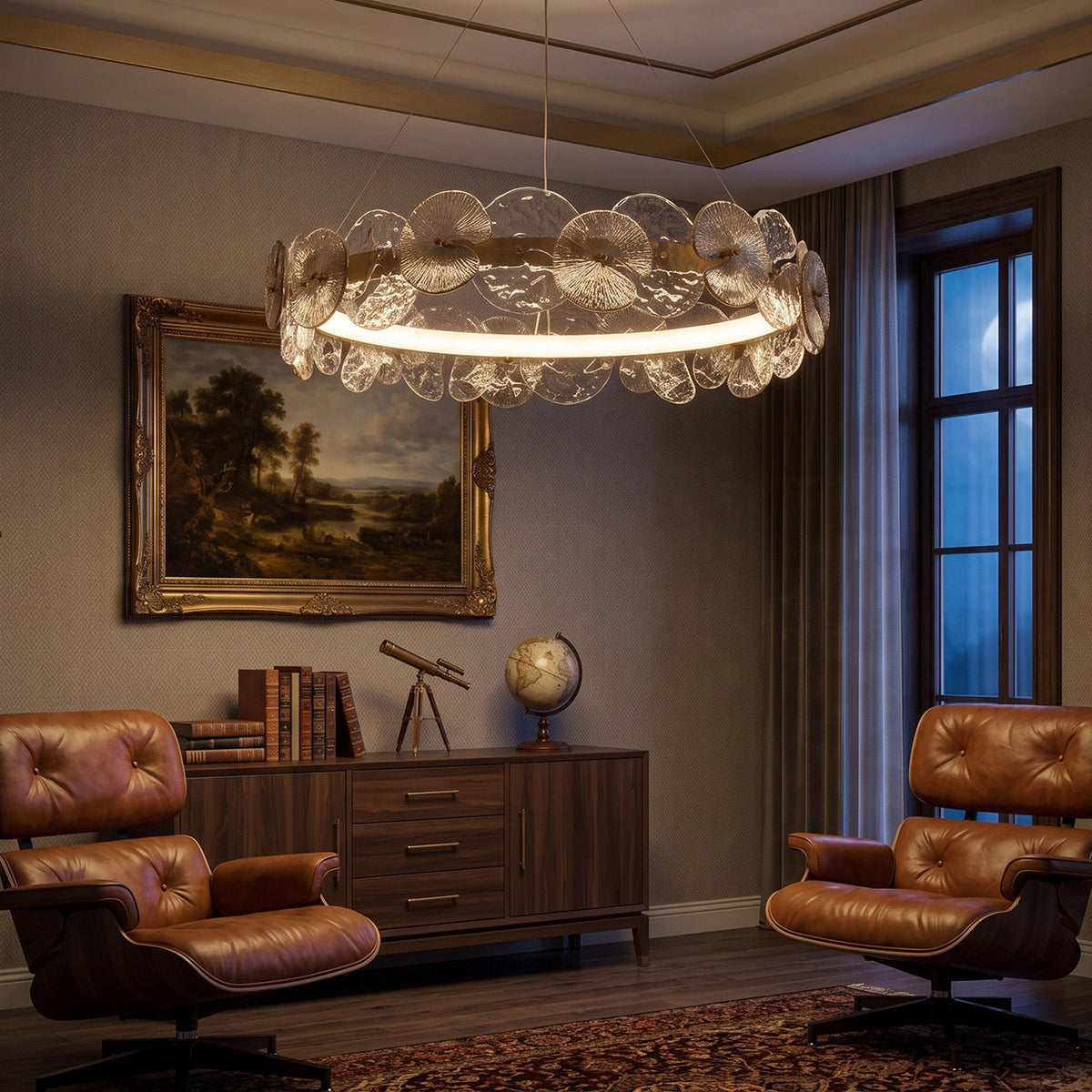 Sorelis Water Lily Ring Chandelier, scale against a ceiling