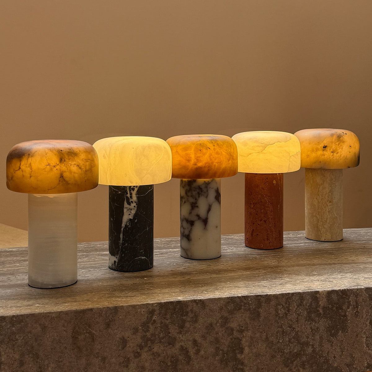 Sorvane Marble Alabaster Table Lamp, second lit on a side table