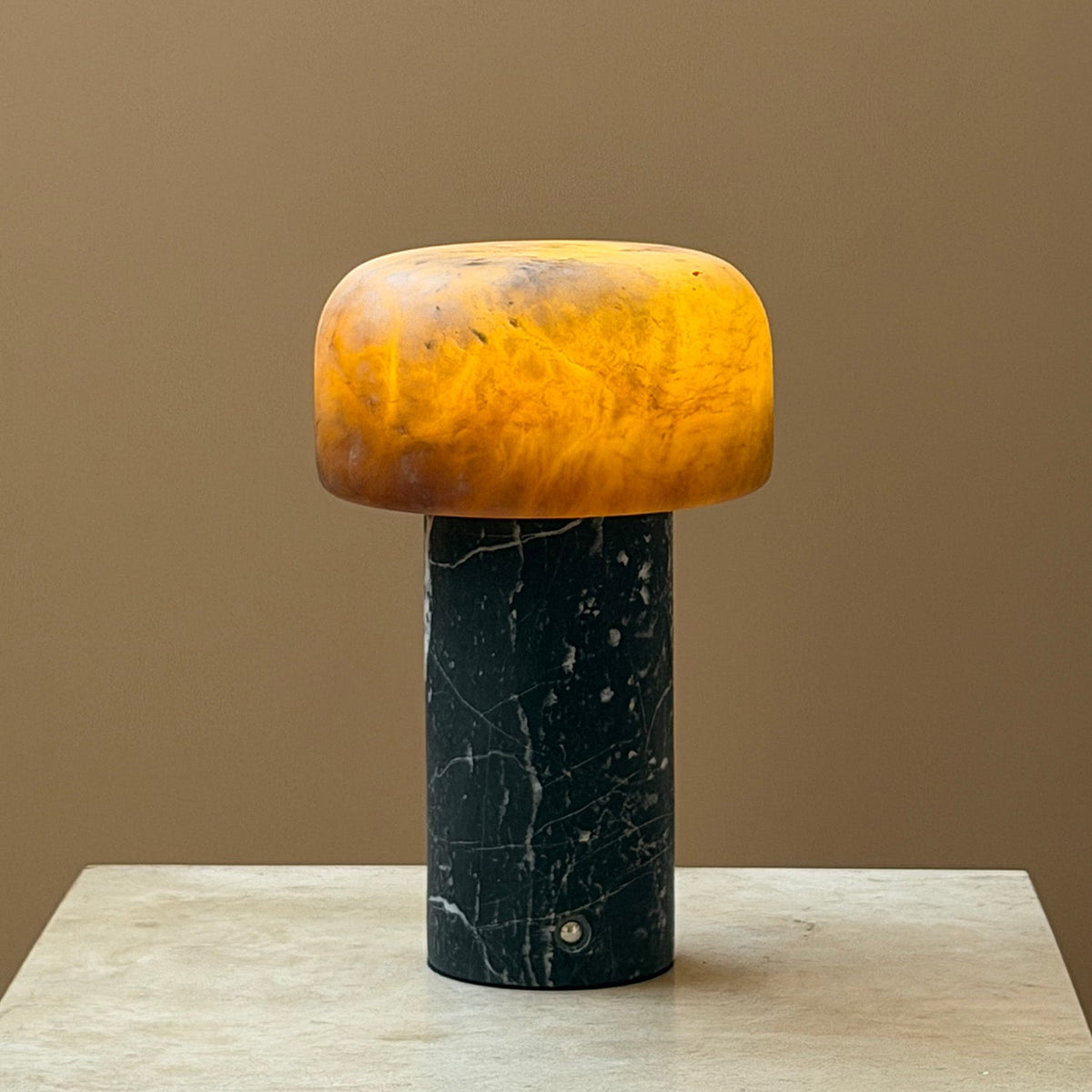 Sorvane Marble Alabaster Table Lamp, third lit on a side table