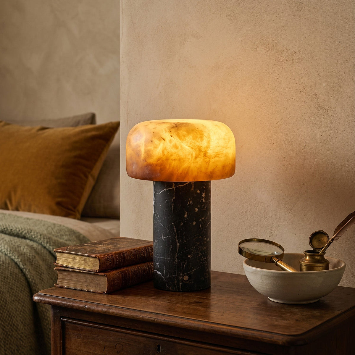 Sorvane Marble Alabaster Table Lamp, scale beside a book