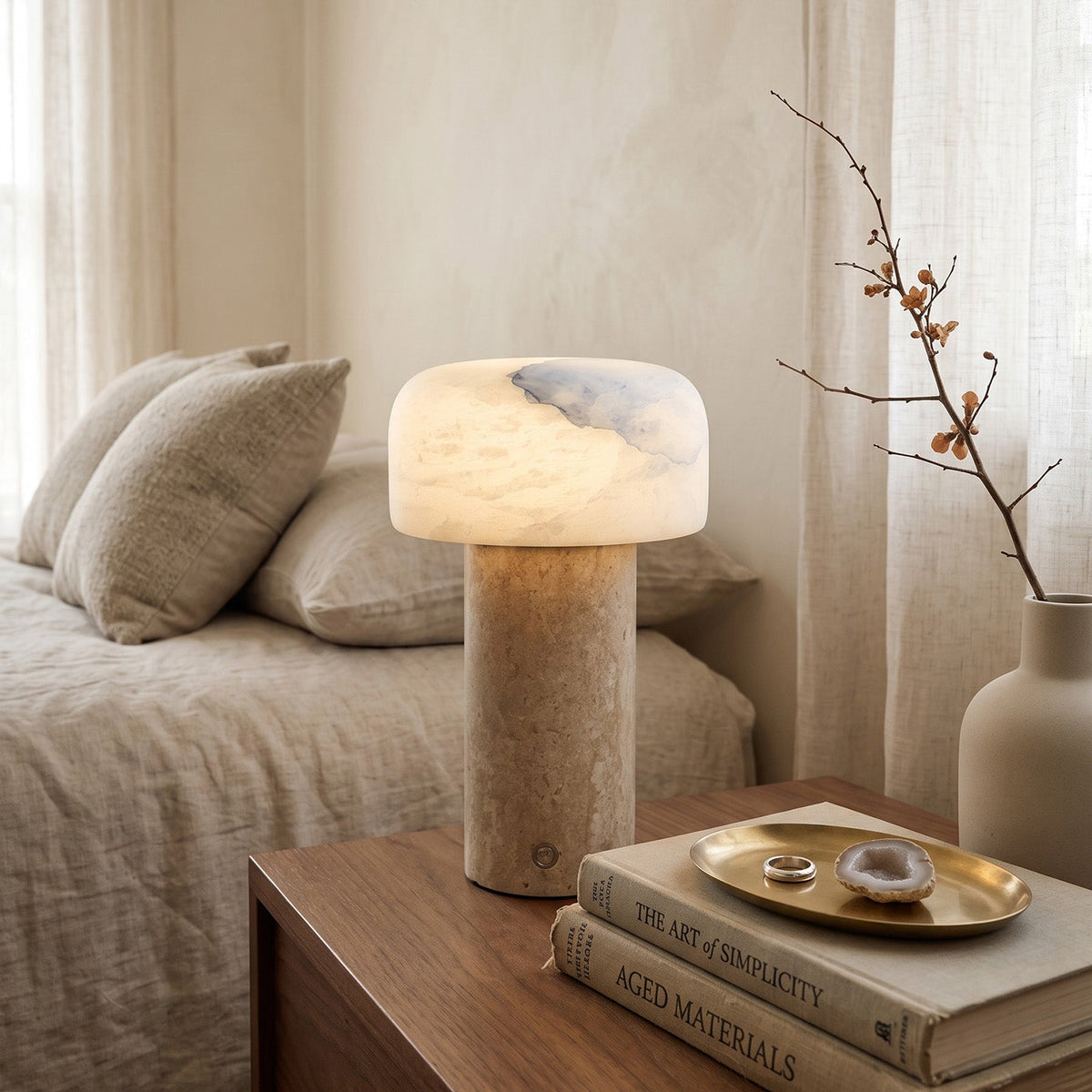 Sorvane Travertine Alabaster Table Lamp, angled three quarter view