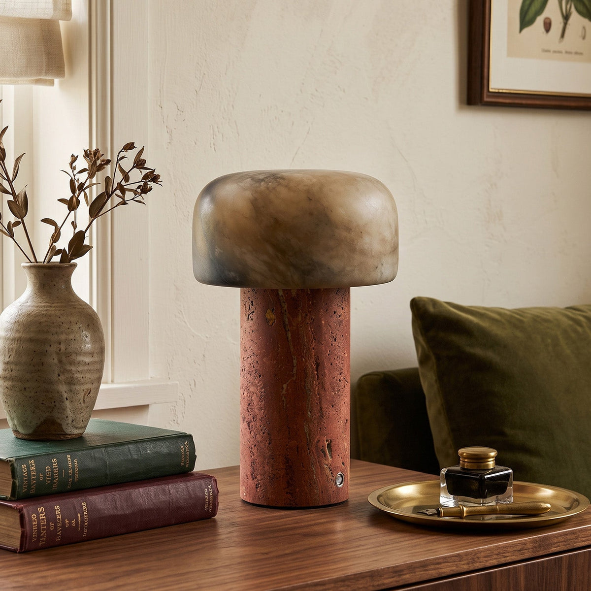 Sorvane Travertine Alabaster Table Lamp, second lit on a side table