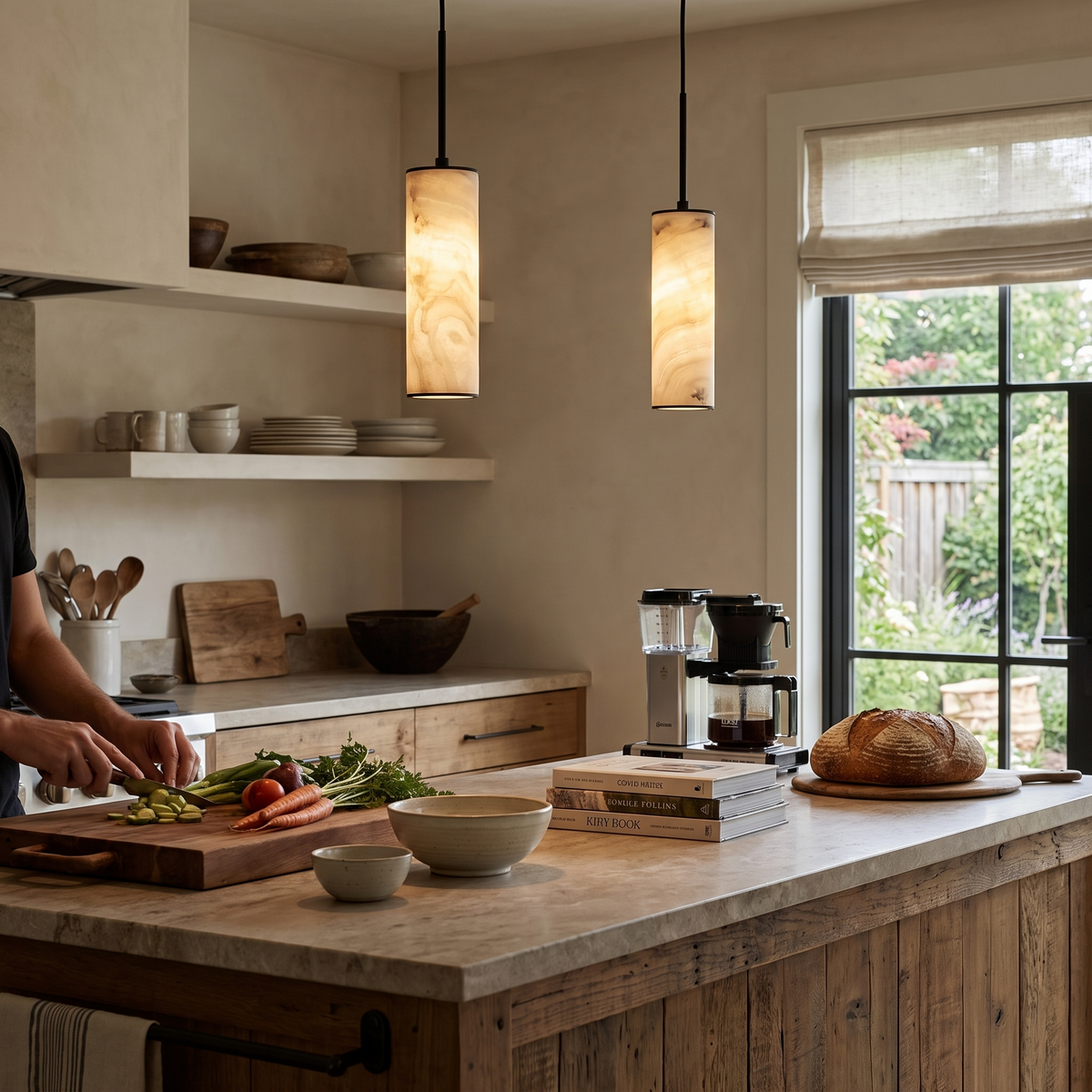 Sten Alabaster Pendant Light, lit and hanging in a styled room