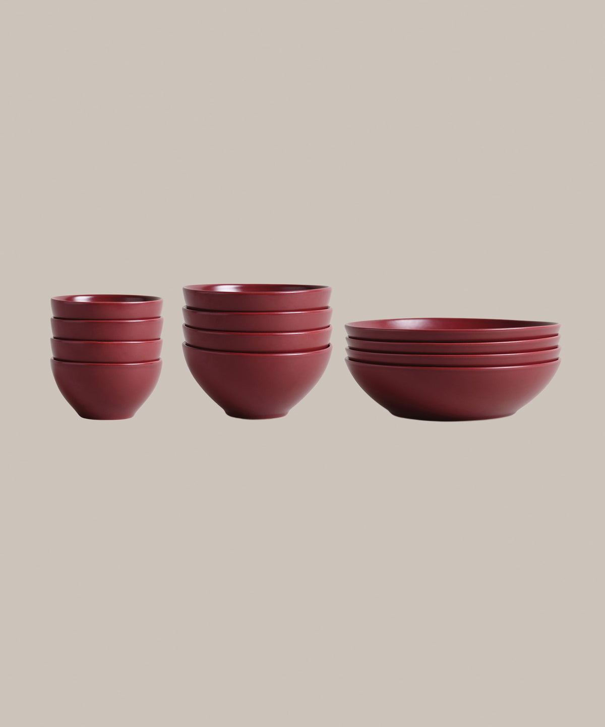 Stoneware Bowl Over Set, Plum, full set laid out