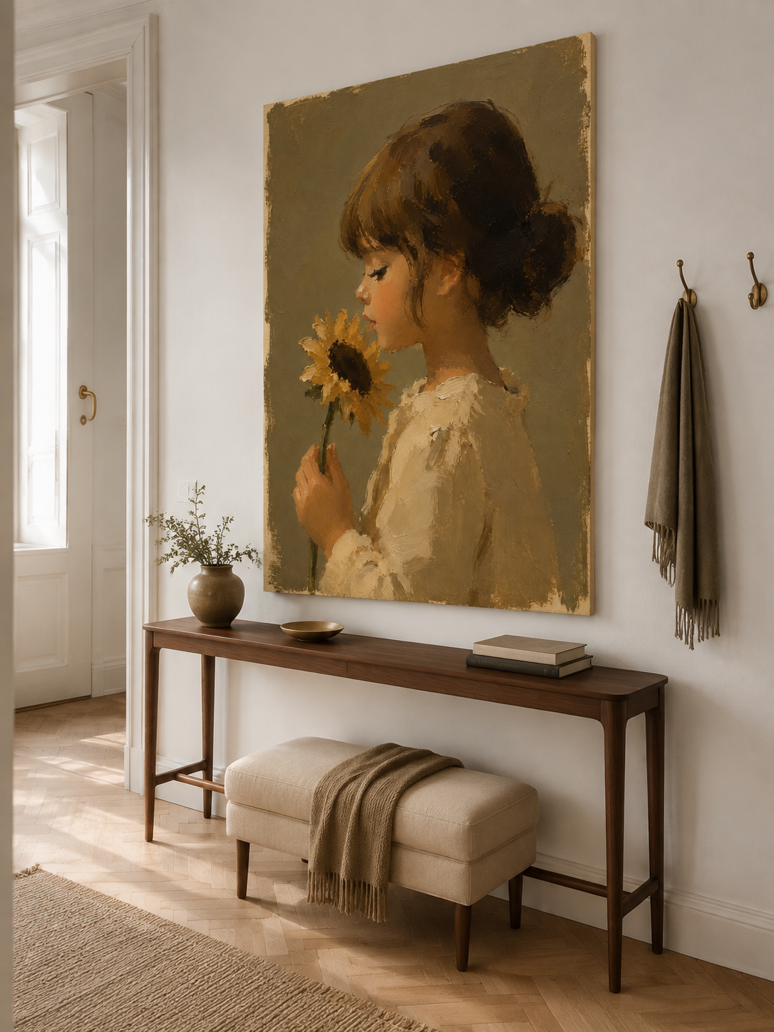 Sunflower Bun Girl Canvas Art, brush and texture close up