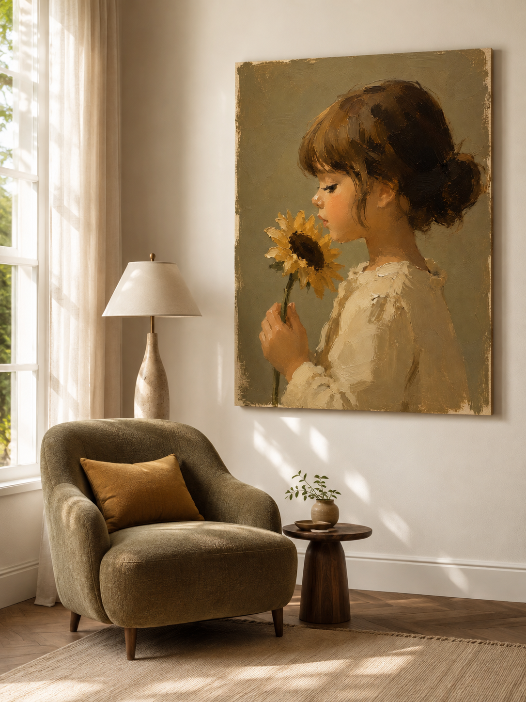 Sunflower Bun Girl Canvas Art, styled above a sofa