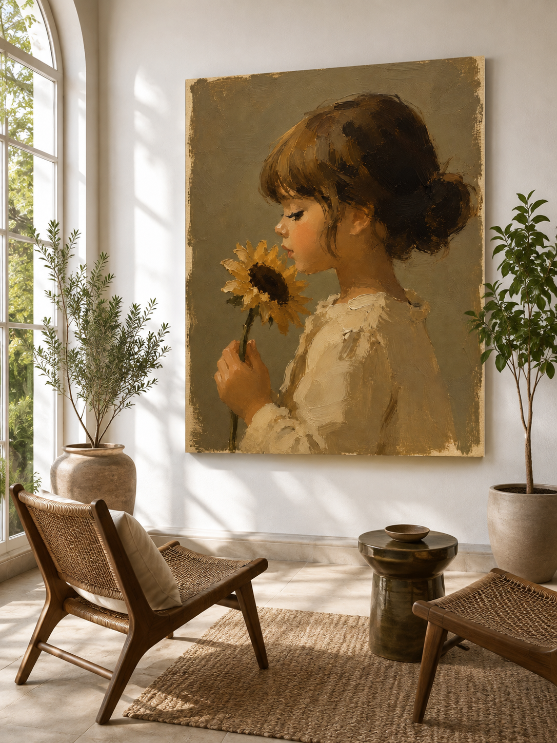 Sunflower Bun Girl Canvas Art, scale in a living room
