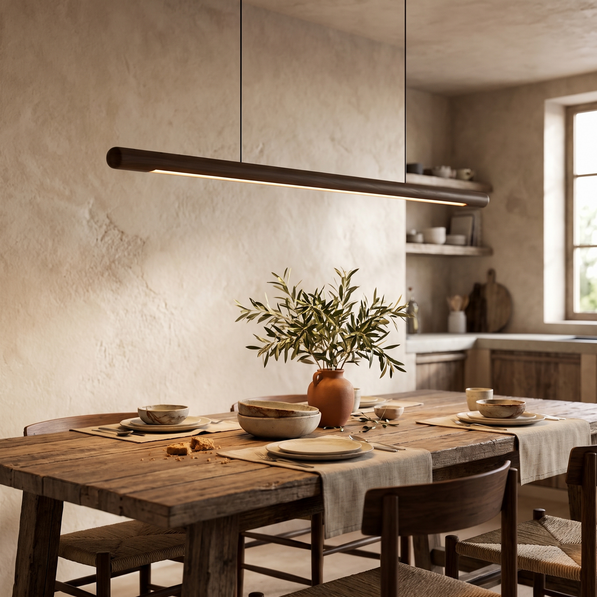 Svelte Walnut Pendant Light, lit and hanging in a styled room