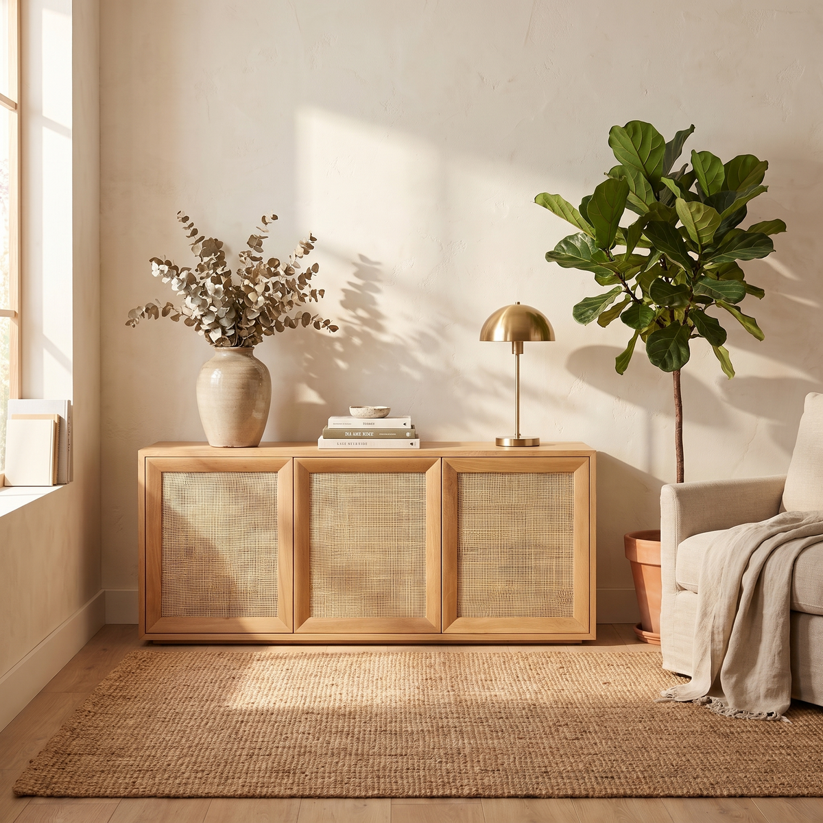 Tate 76" Oak Sideboard, styled in a room setting