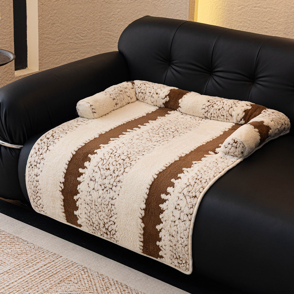 Textured Stripe Plush Bolster Pet Sofa Bed, styled in a living room