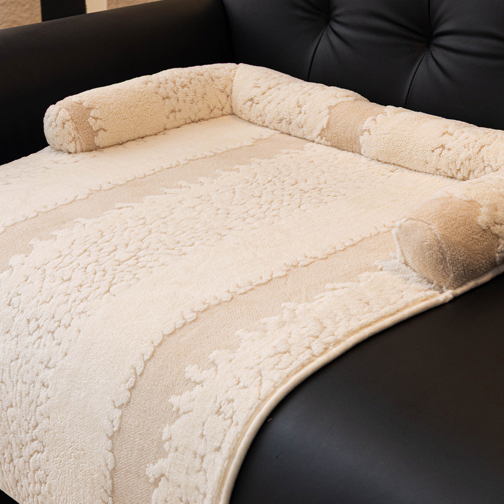 Textured Stripe Plush Bolster Pet Sofa Bed, with a pet resting on it