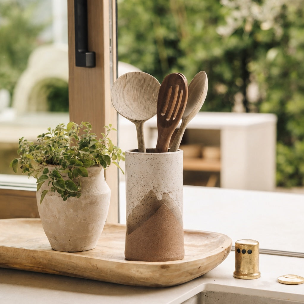 Topanga Ceramic Utensil Crock, Tall, beside the kitchen sink