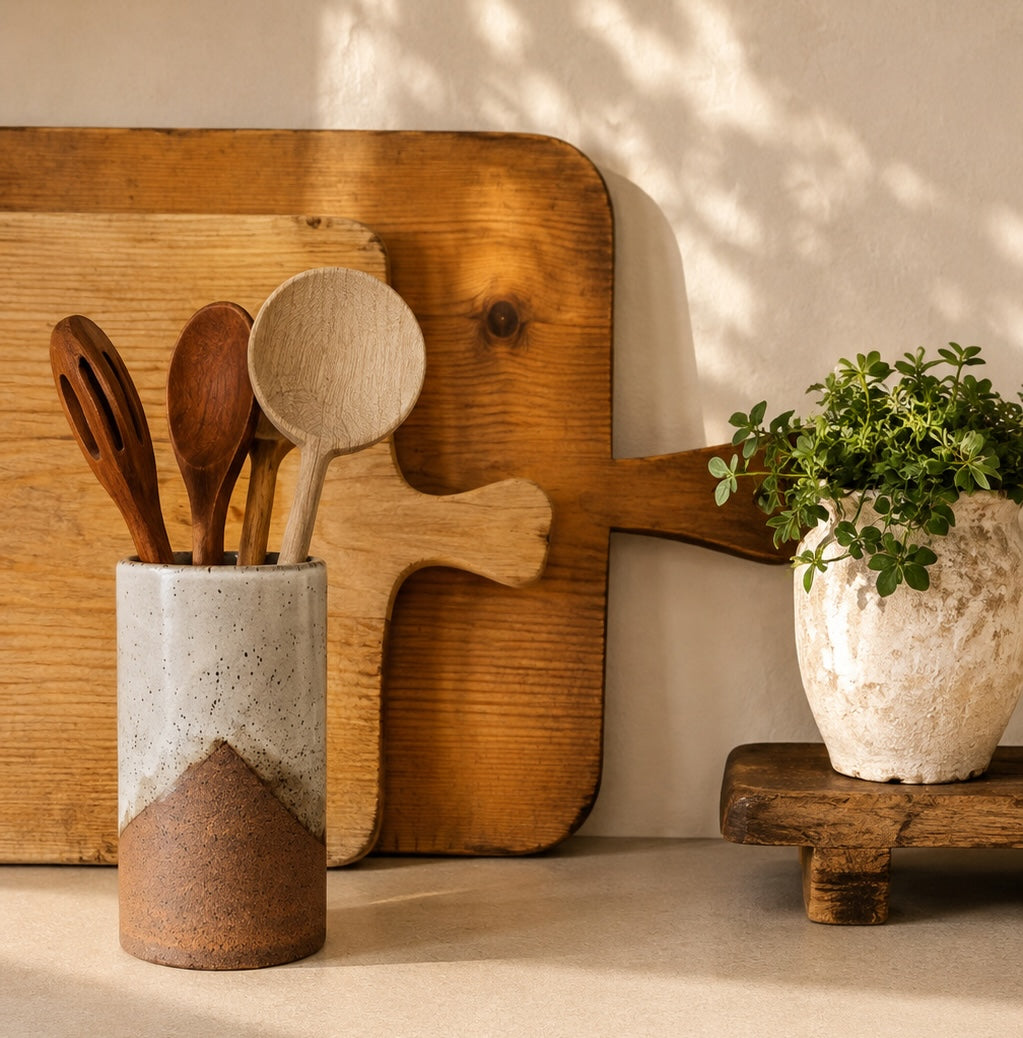 Topanga Ceramic Utensil Crock, Tall, on the kitchen counter