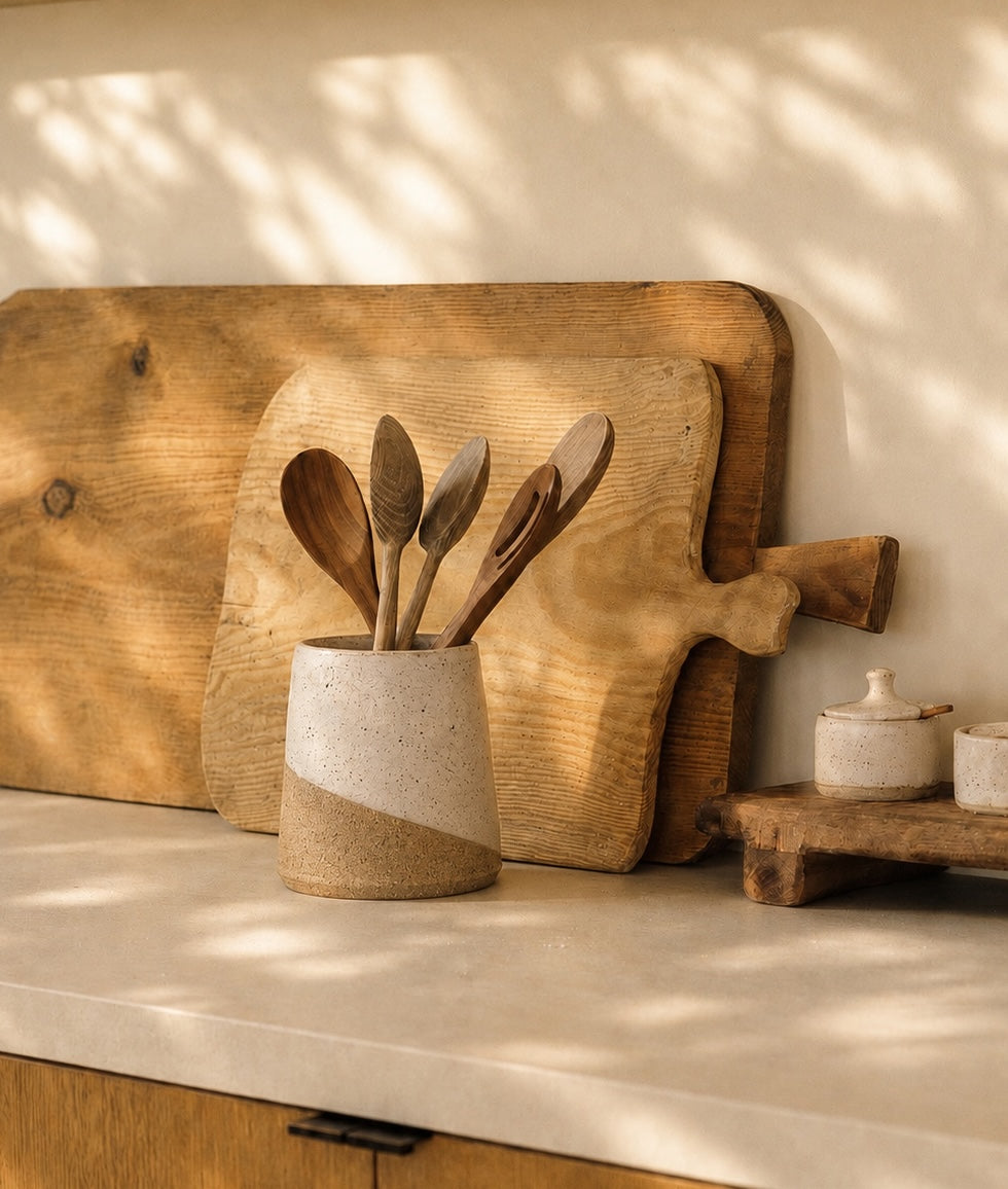 Topanga Ceramic Utensil Crock, Wide, on the kitchen counter