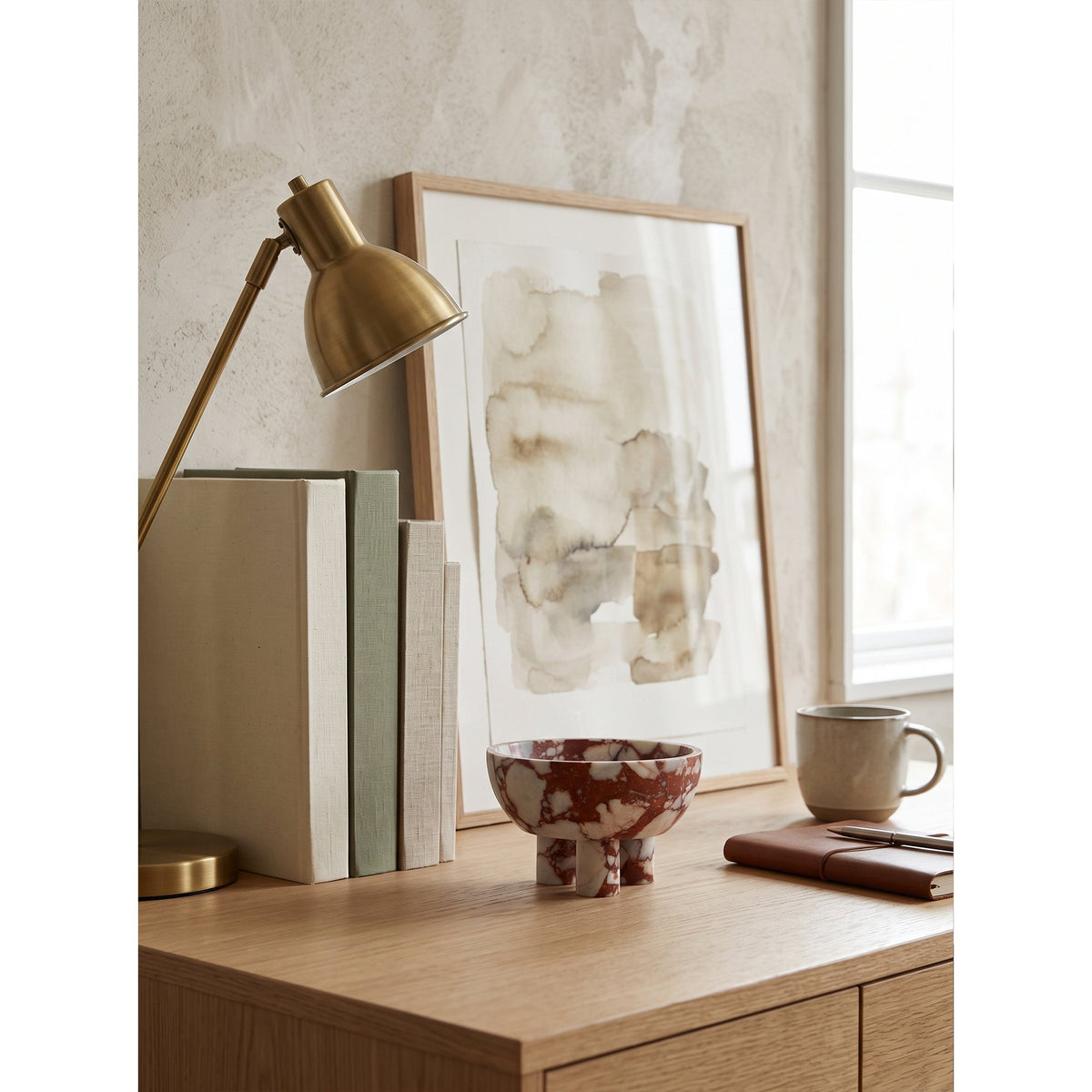 Tuscan Marble Footed Bowl, styled on a console