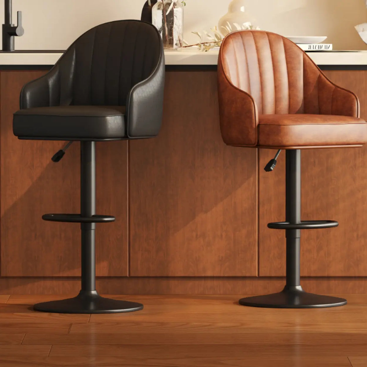 Upholstered Leather Bucket Bar Stool with Arms and Low Back