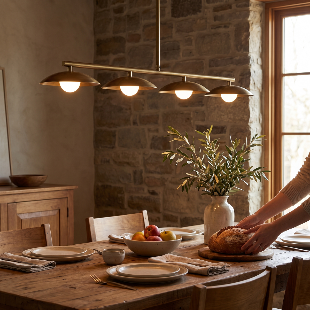 Velix Metal Pendant Light, lit and hanging in a styled room