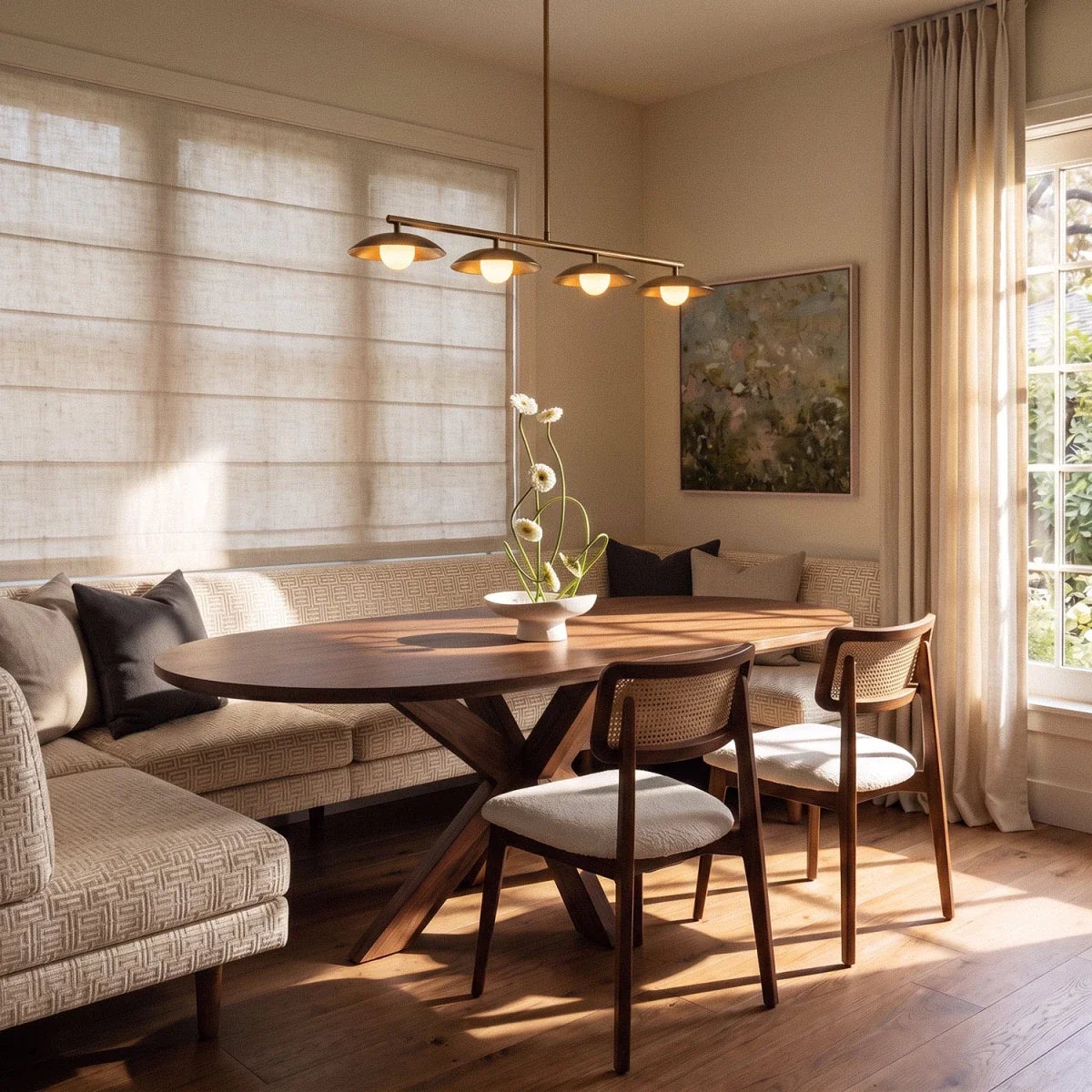 Velix Metal Pendant Light, second lit and hanging in a styled room