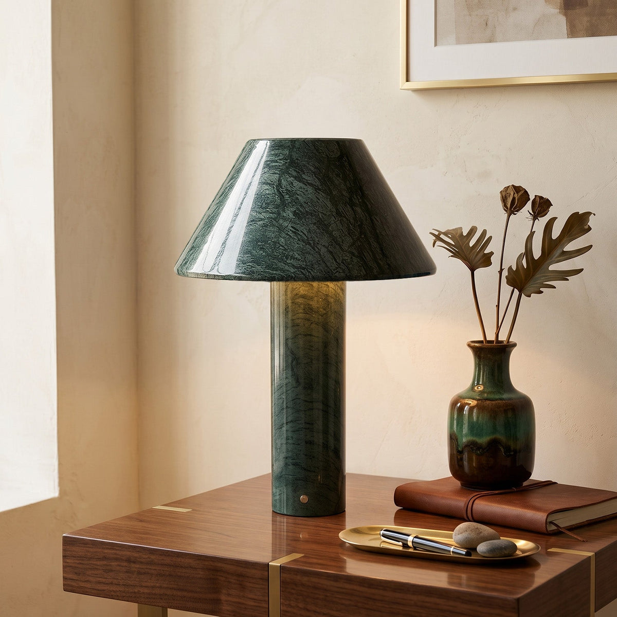 Verdelle Marble Rechargeable Table Lamp, second lit on a side table