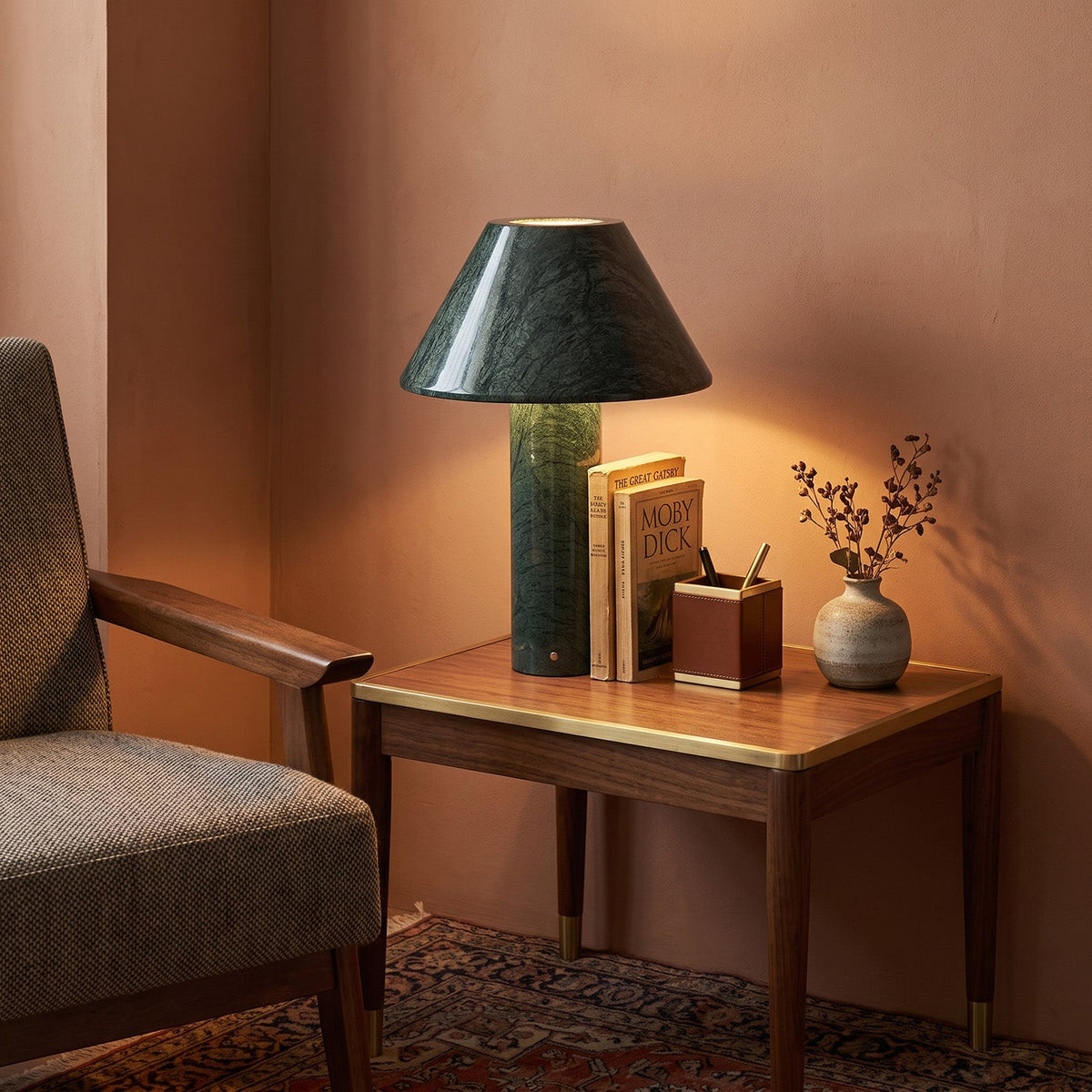 Verdelle Marble Rechargeable Table Lamp, styled on a console