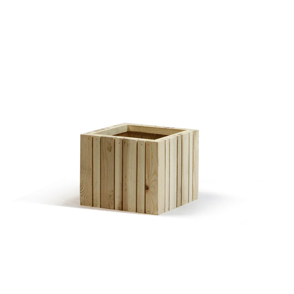 Vertical Slat Wood Box Case Pack, styled on a shelf