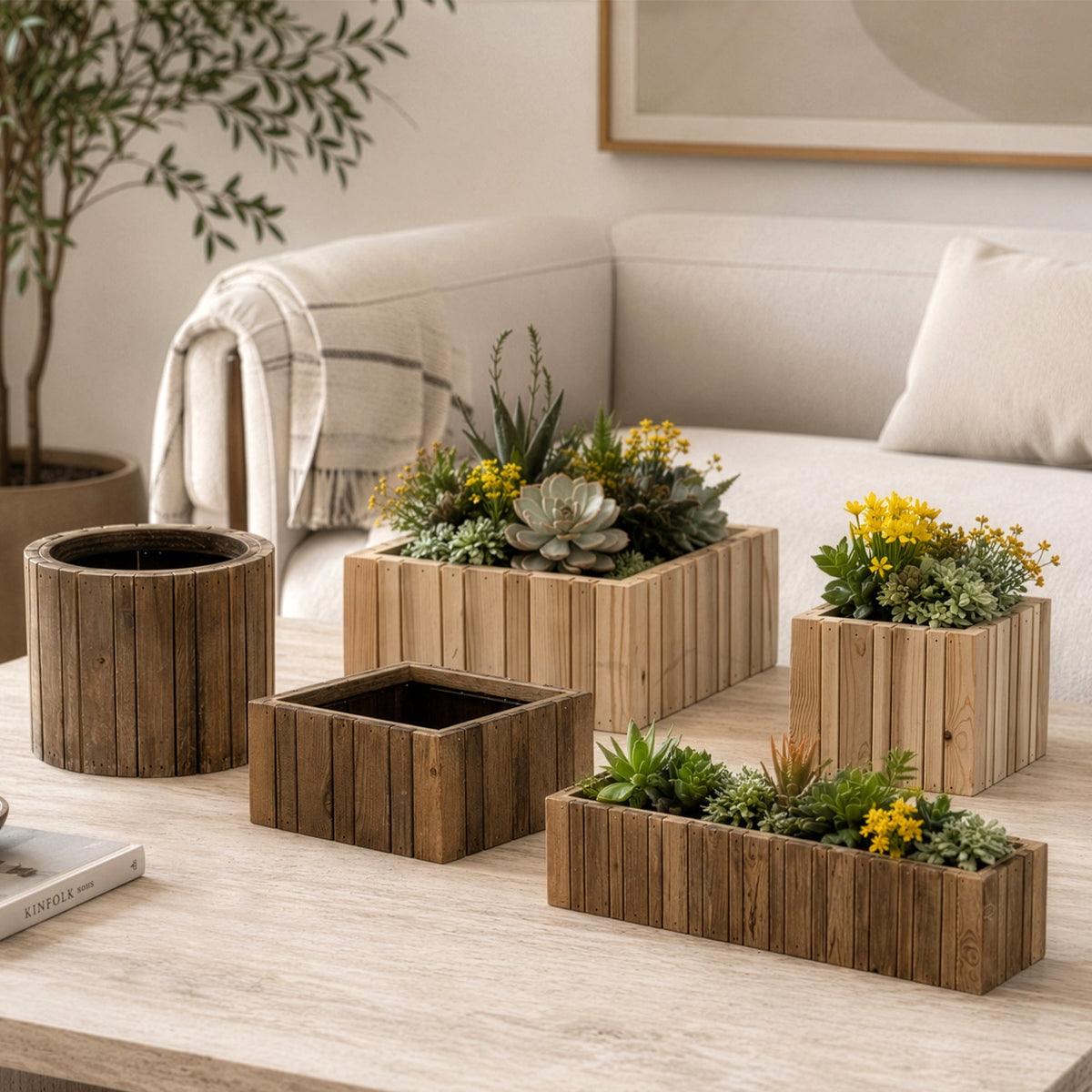 Vertical Slat Wood Planter, styled with greenery