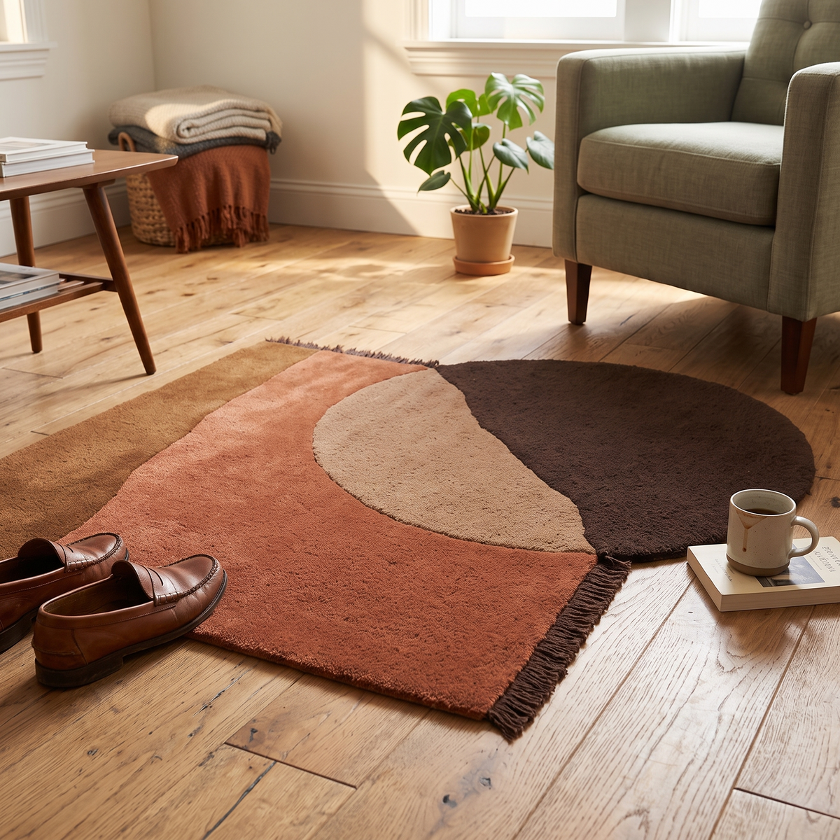 View Tufted Wool Rug, Red Brown, styled in a room setting