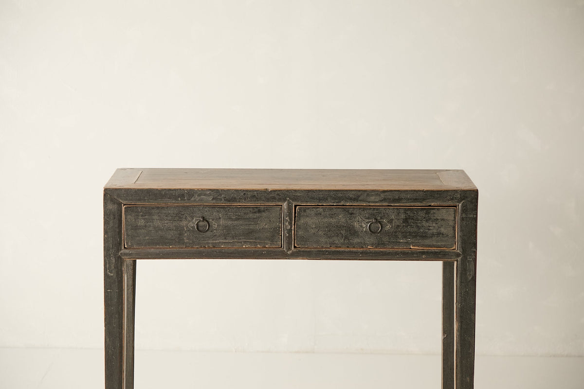 Vintage Solid Elm 2-Drawer Console, angled three quarter view