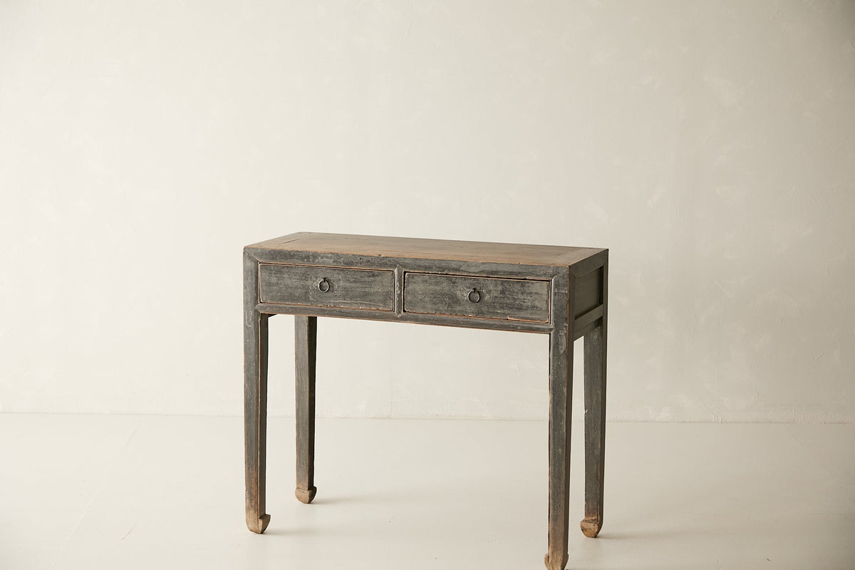 Vintage Solid Elm 2-Drawer Console, open door and storage view