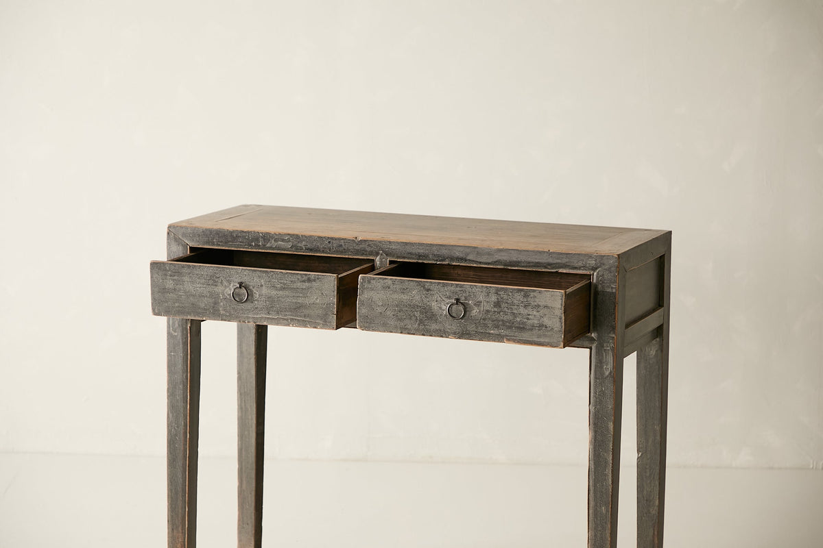 Vintage Solid Elm 2-Drawer Console, surface and edge detail