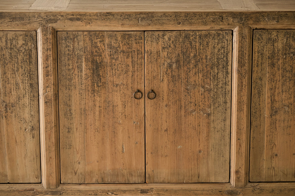 Vintage Solid Elm 6-Door Sideboard, angled three quarter view
