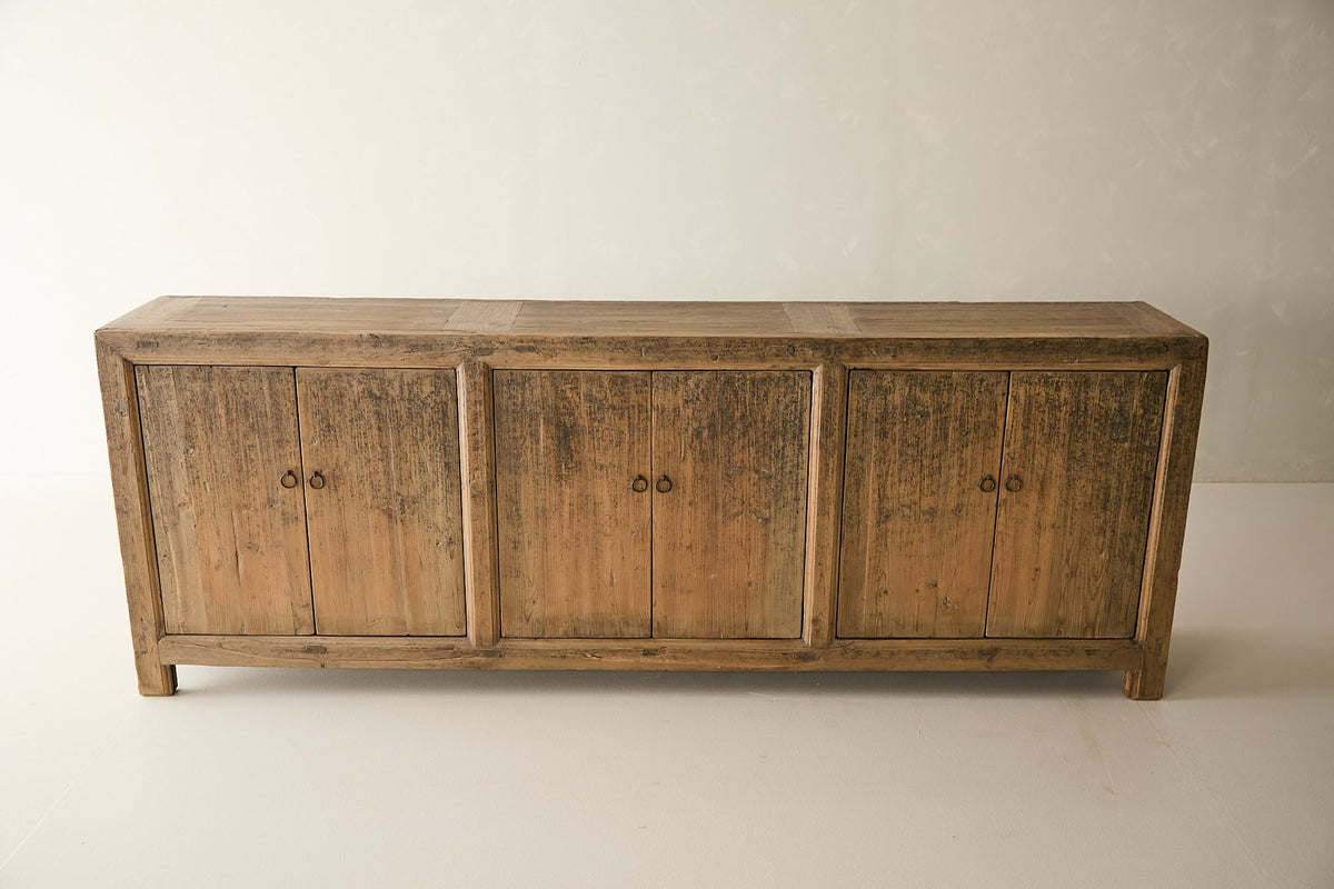 Vintage Solid Elm 6-Door Sideboard, open door and storage view