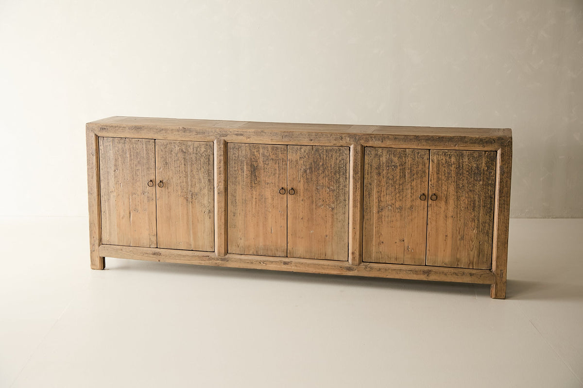 Vintage Solid Elm 6-Door Sideboard, surface and edge detail