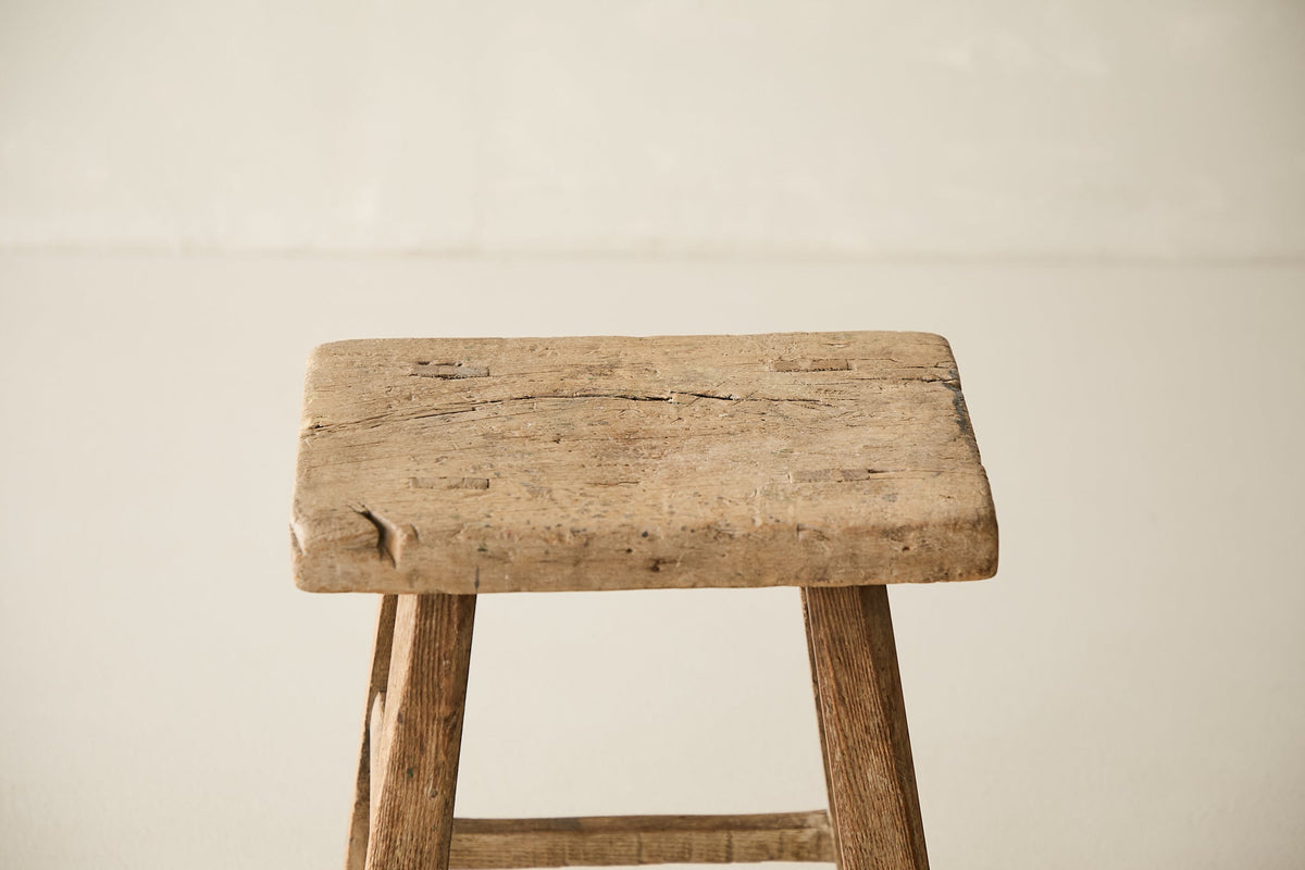 Vintage Solid Elm Stool, side profile