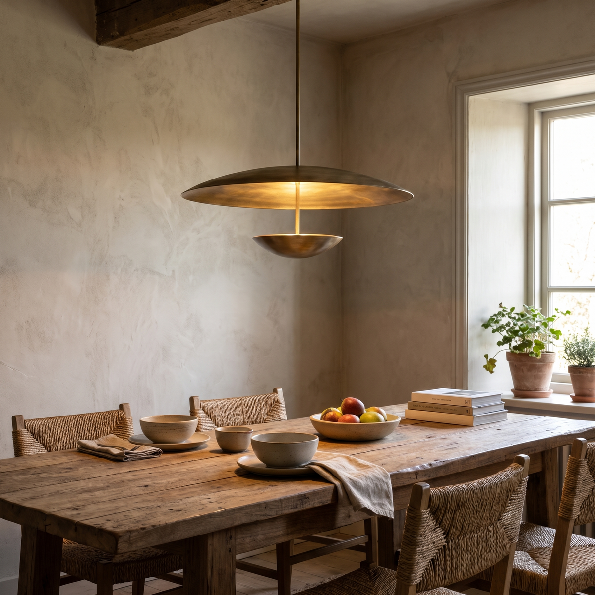 Voryn Metal Pendant Light, lit and hanging in a styled room