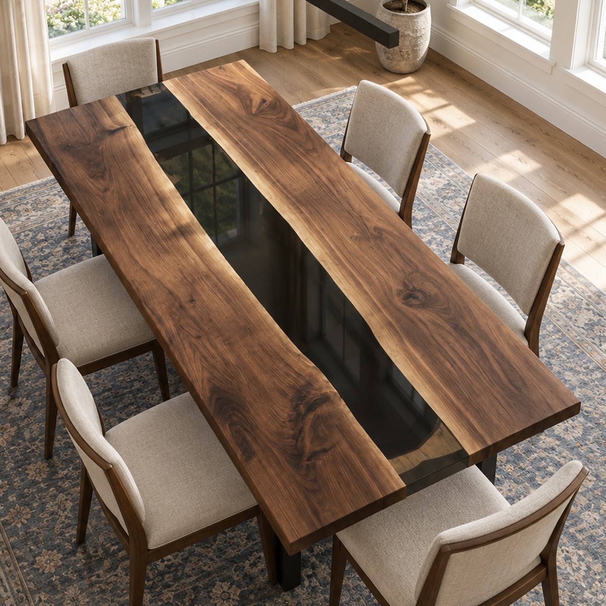 Walnut Black River Epoxy Dining Table, styled in a dining space