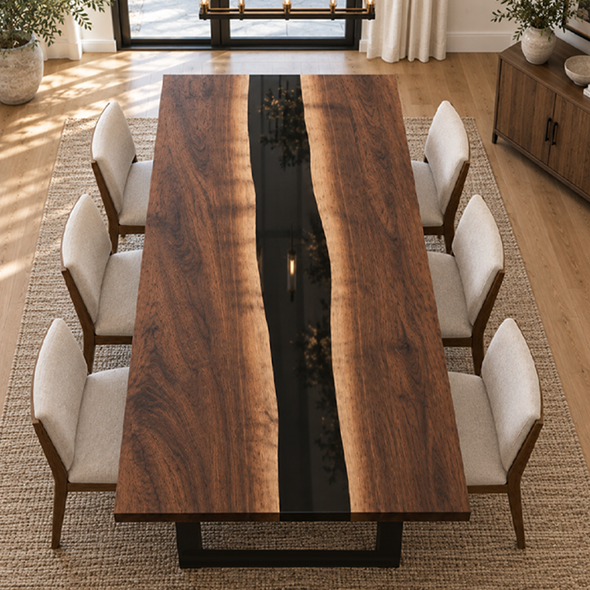 Walnut Black River Epoxy Dining Table, edge and grain detail