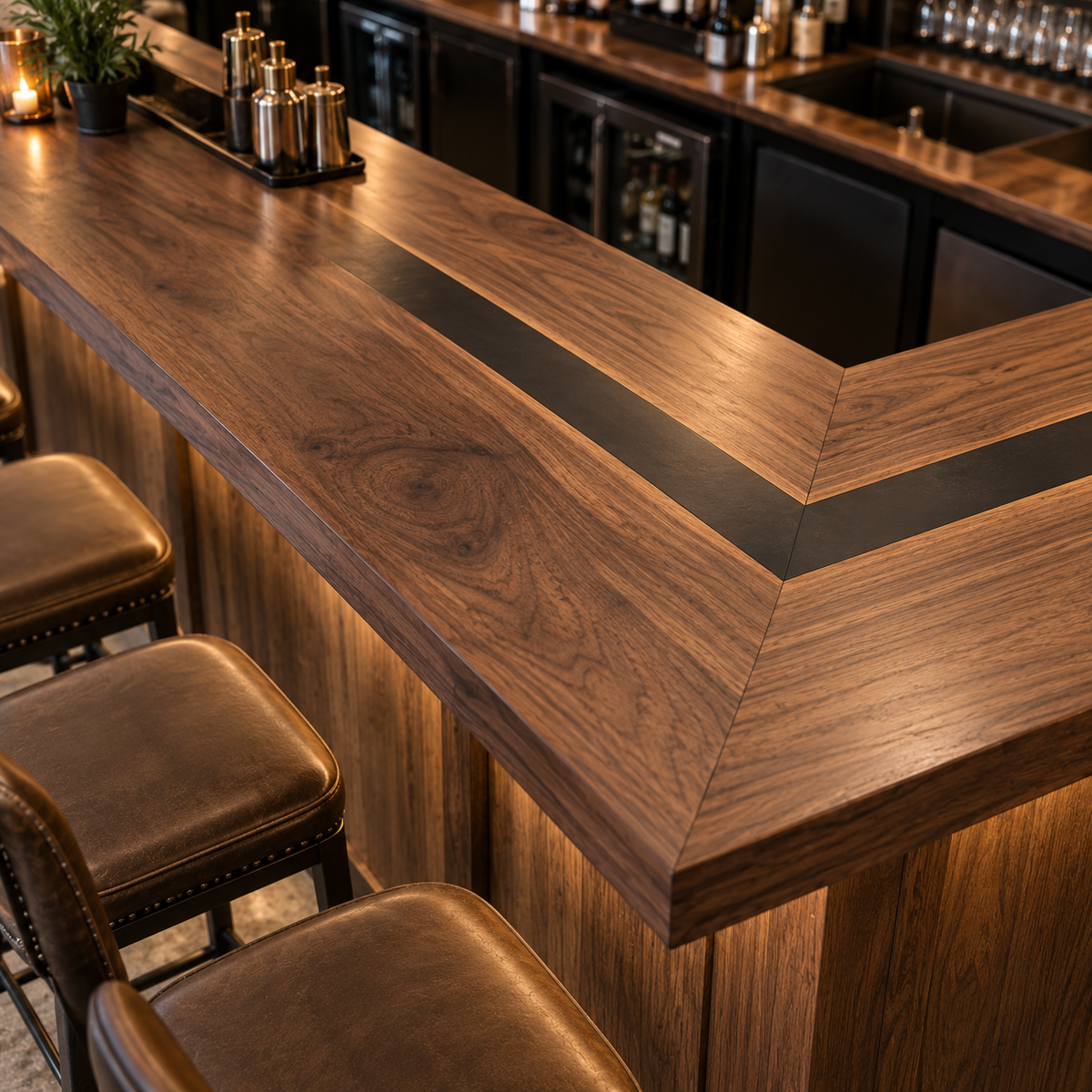 Walnut Black River L-Shape Bar Table, edge and grain detail