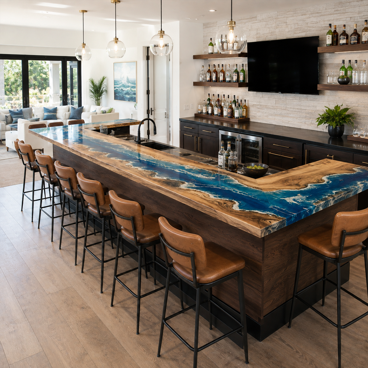 Walnut Ocean Wave Corner Bar Table, styled in a dining space