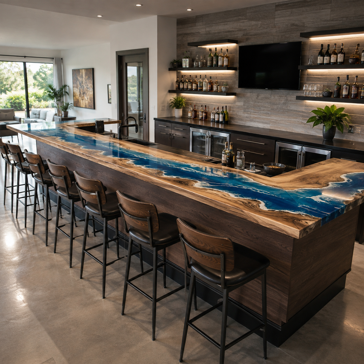 Walnut Ocean Wave Corner Bar Table, full tabletop view