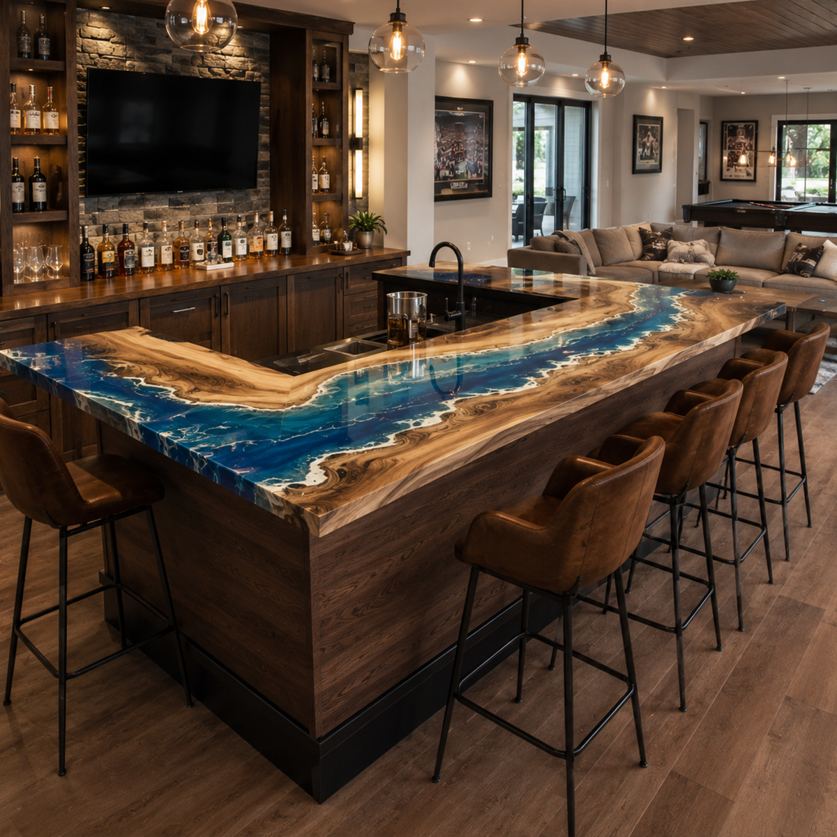 Walnut Ocean Wave Corner Bar Table, edge and grain detail