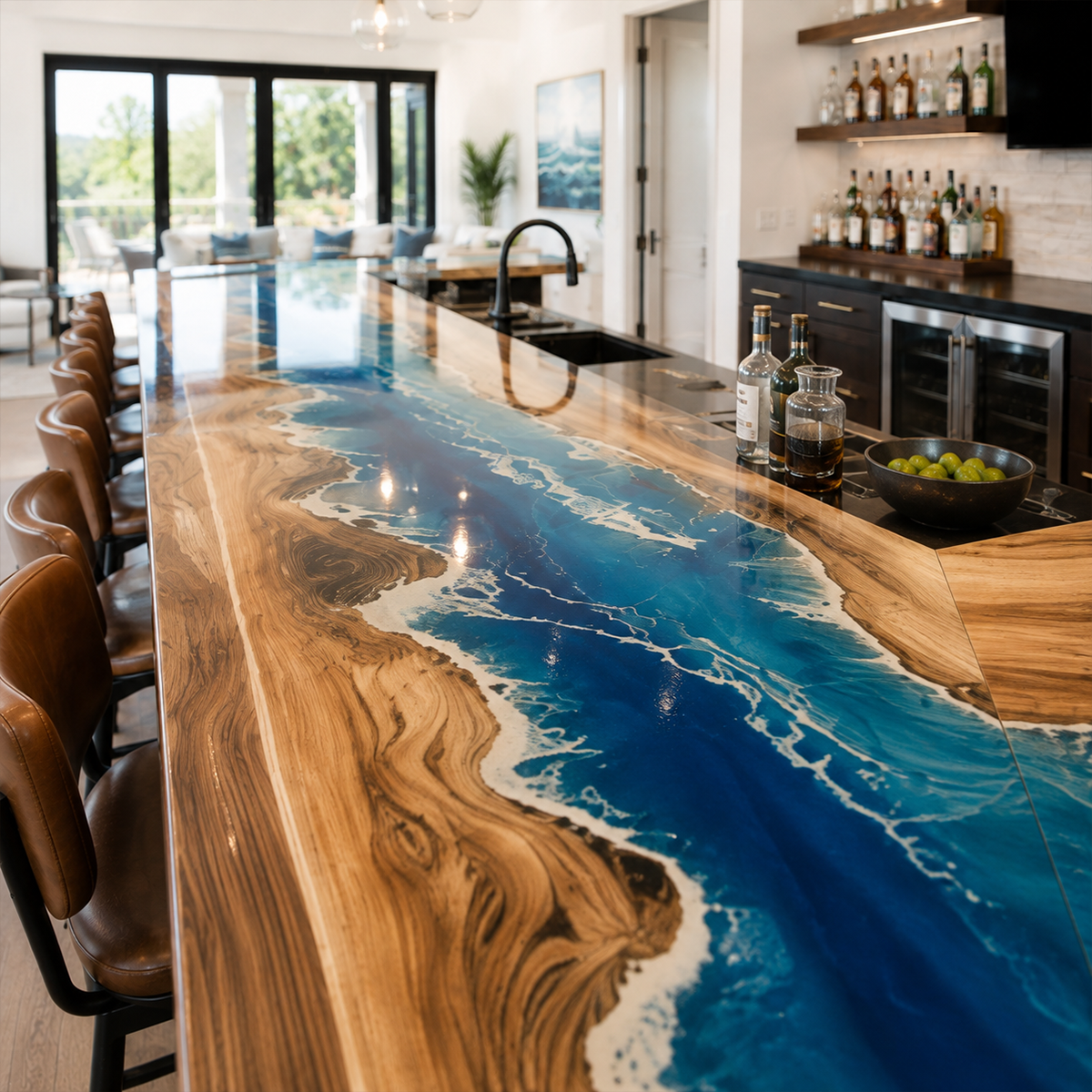 Walnut Ocean Wave Corner Bar Table, surface finish close up