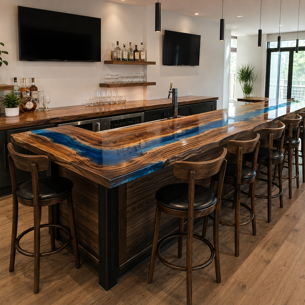 Walnut Ocean Wave Corner Bar Table, leg and base detail