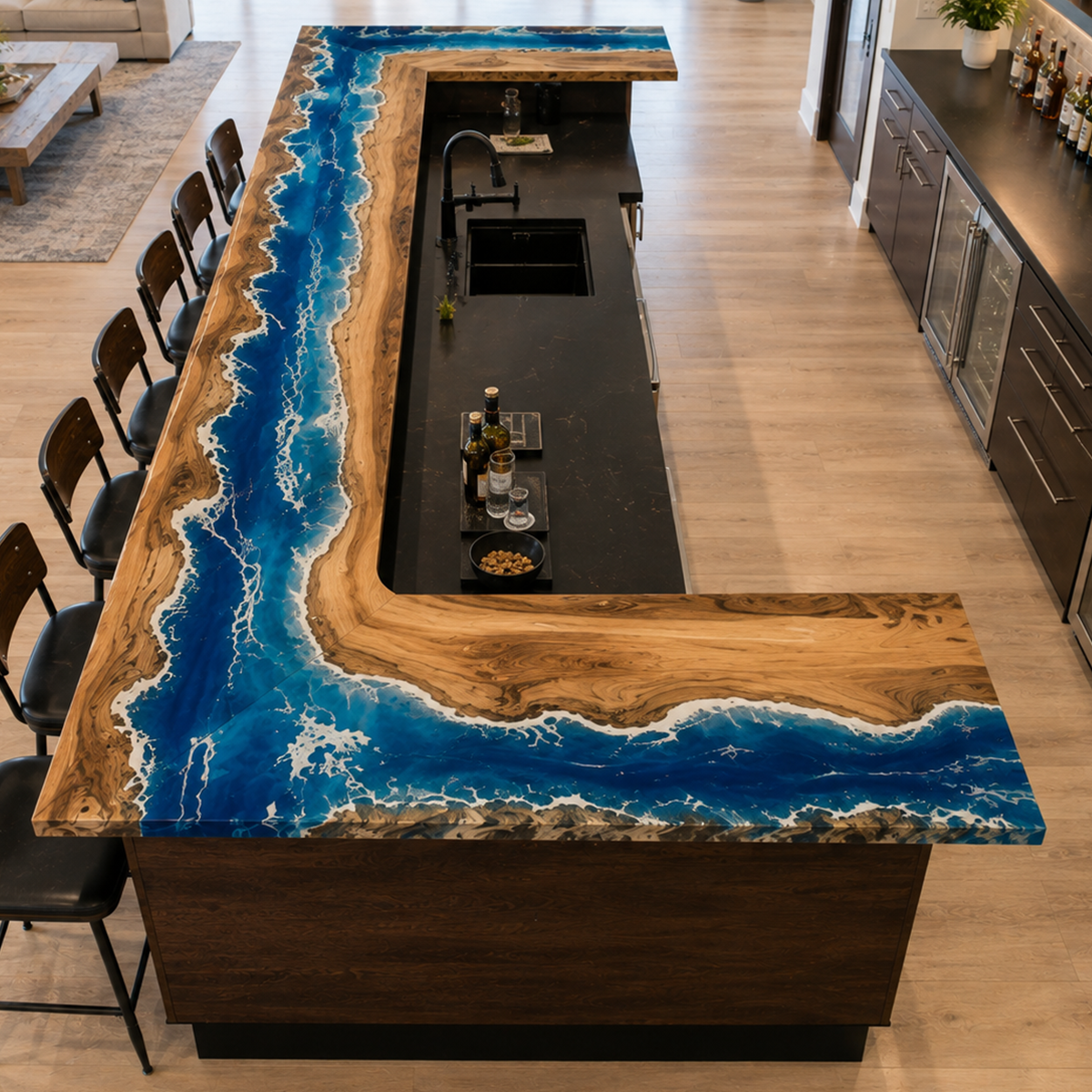 Walnut Ocean Wave Corner Bar Table, angled three quarter view