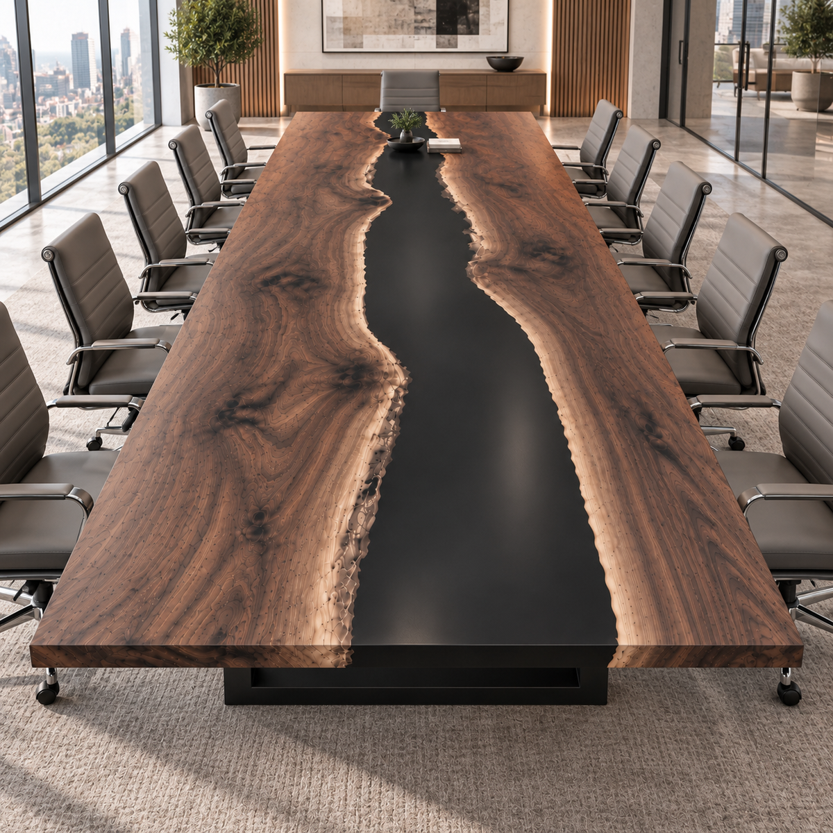 Walnut River Epoxy Conference Table, styled in a dining space