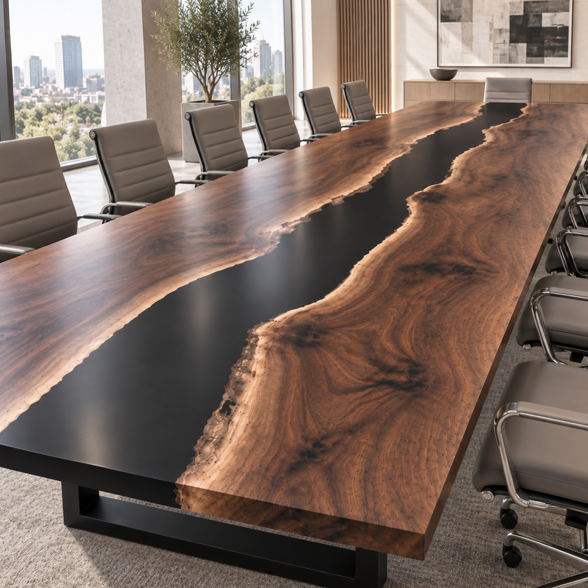 Walnut River Epoxy Conference Table, surface finish close up