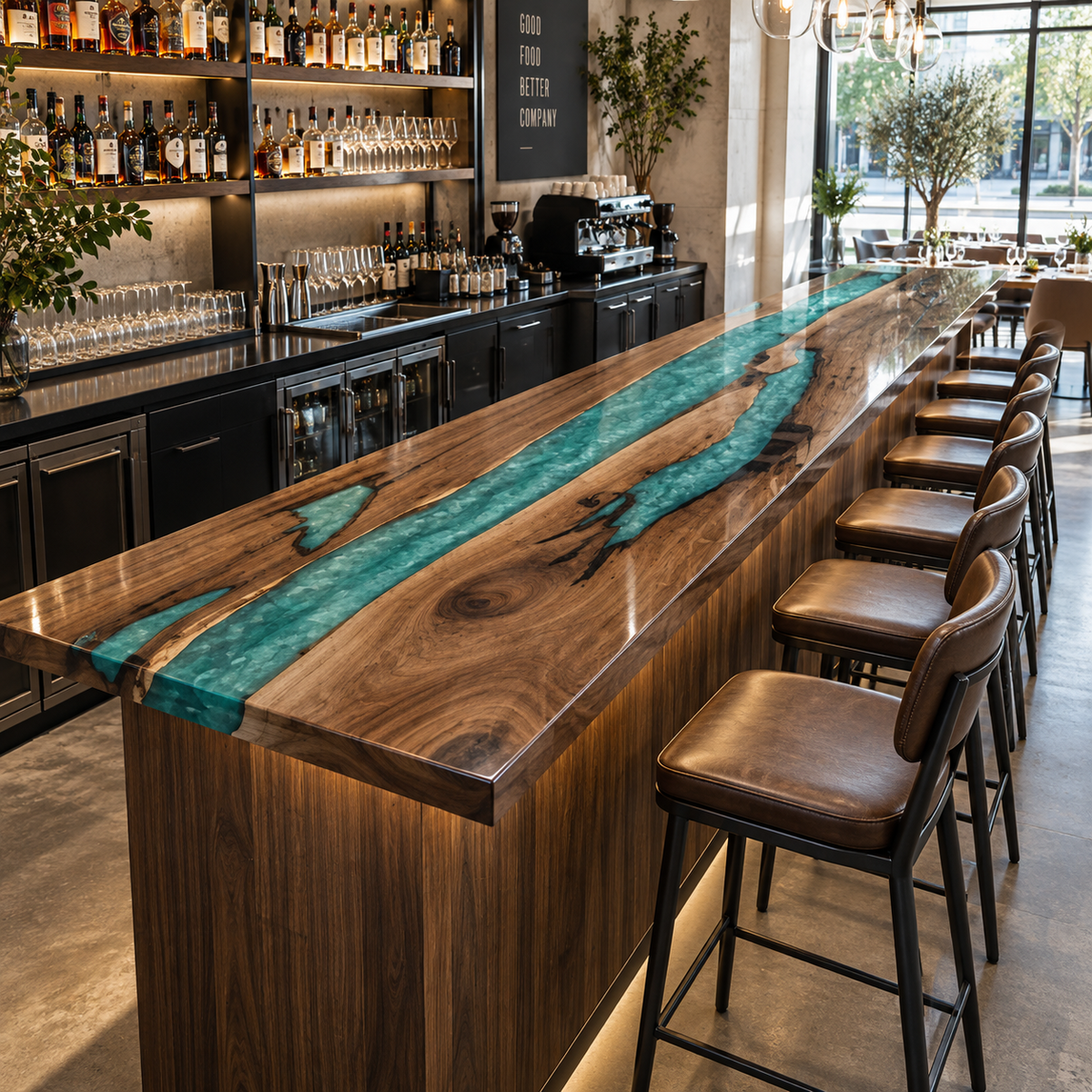Walnut Swirl Blue Epoxy Bar Counter, styled in a dining space